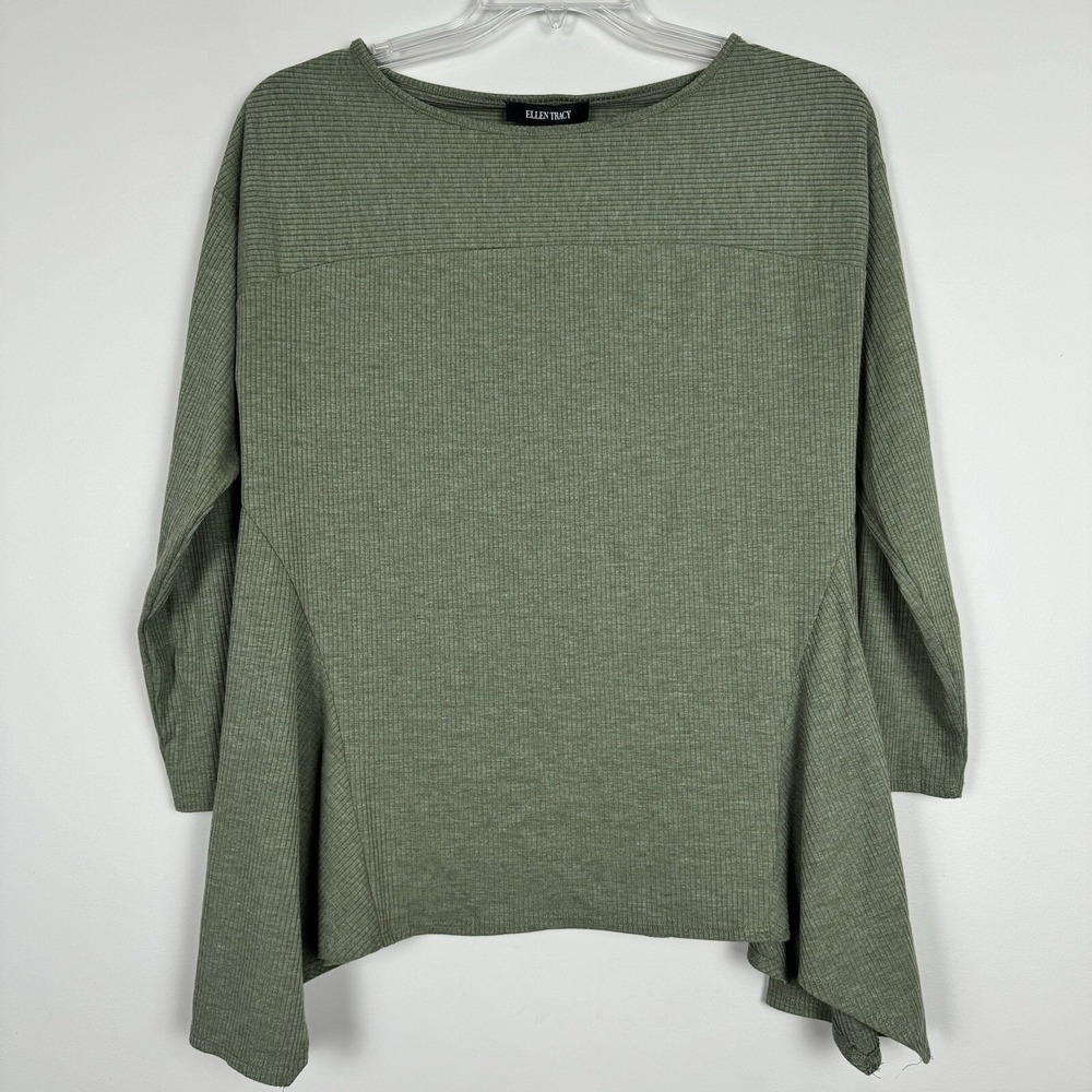 Ellen Tracy Tunic Top Womens M Medium Olive Green Long Sleeve Shark Bite Hem